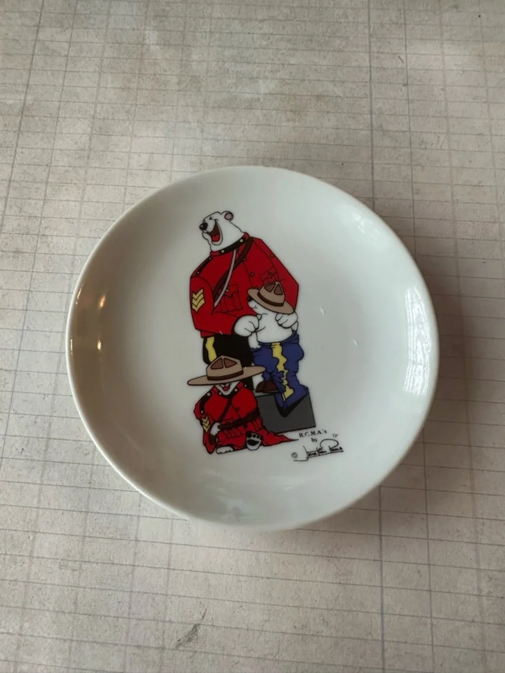 Mountie Bears Ceramic Trinket Dish - White with Red and Blue Artwork